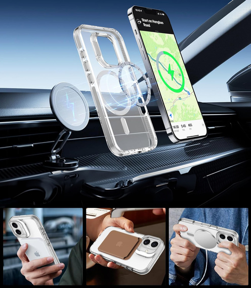 Puzdro pre iPhone 17, pre MagSafe, so stojanom, priehľadné so sivými vložkami