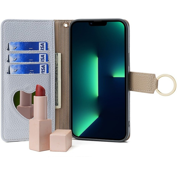 Flipové puzdro pre iPhone 15, Wallet Zipper Pocket, so zrkadlom, modré