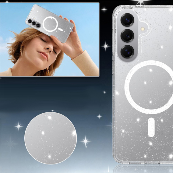 Tvrdené puzdro s trblietkami, pre MagSafe pre Samsung Galaxy S26 Plus, priehľadné