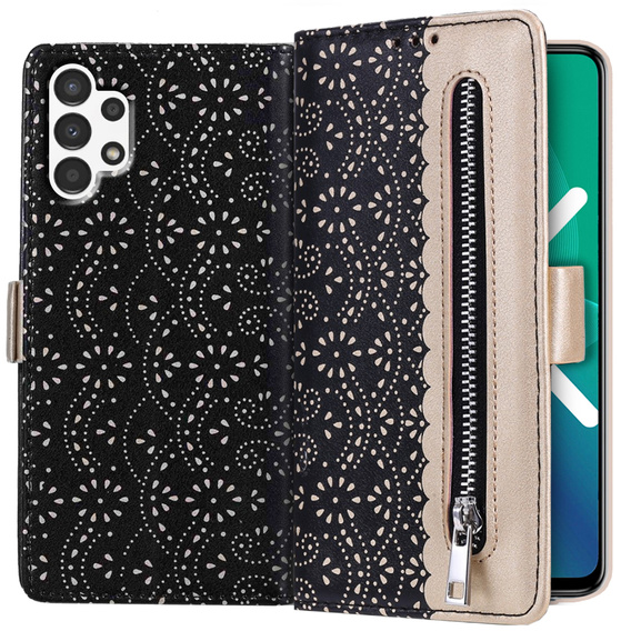 Klapkové puzdro pre Samsung Galaxy A13 4G, Wallet Pocket Zipper Lace, čierne