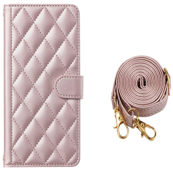 Puzdro s chlopňou pre Samsung Galaxy A16, Rhombus Crossbody Leather, ružové rose gold