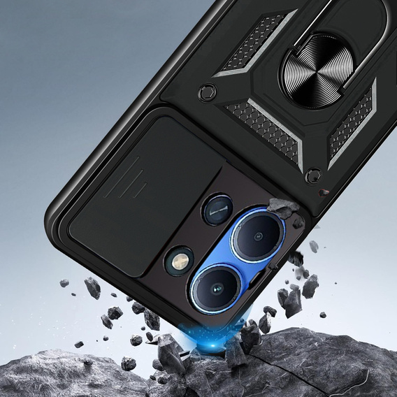 Pancierované puzdro pre Xiaomi Redmi 15C 4G/LTE, s ochranou fotoaparátu, so stojanom, čierne