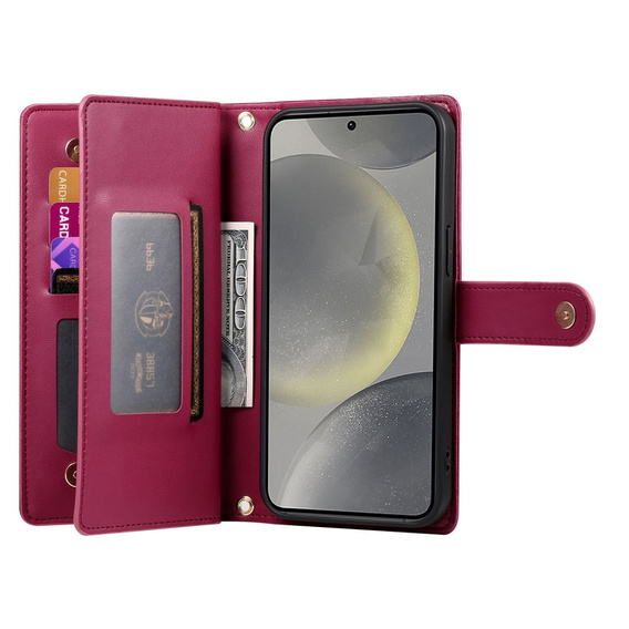 Klapkové puzdro pre Samsung Galaxy S25, Wallet Zipper Pocket, červené
