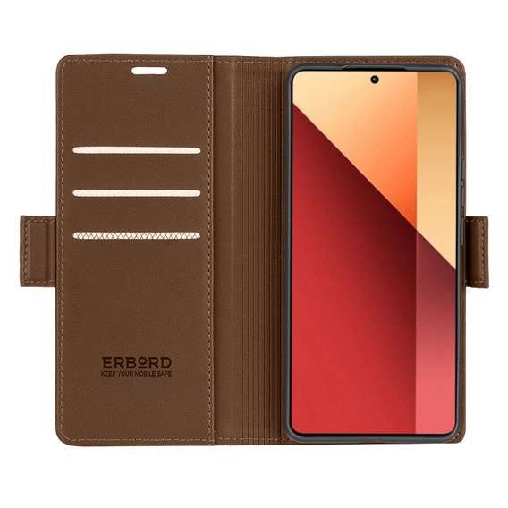 Puzdro pre Xiaomi Redmi Note 13 Pro 4G / Xiaomi Redmi Note 14S / Xiaomi Poco M6 Pro 4G, ERBORD Glossy Litchi, flipová peňaženka, hnedé