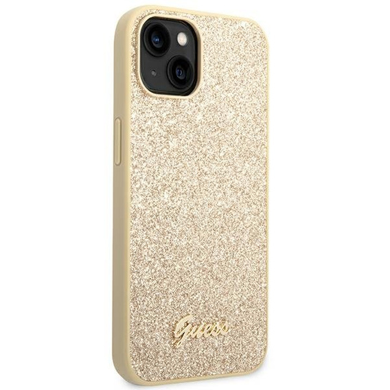 GUESS Obal na mobil pre iPhone 14 Plus, Glitter Script Hardcase, zlaté