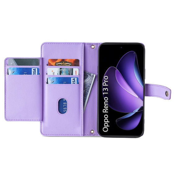 Klapkové puzdro pre Oppo Reno 13 Pro, Wallet Zipper Pocket, fialové