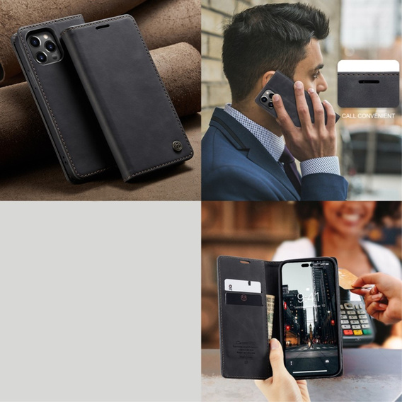 CASEME puzdro pre iPhone 14 Pro, Leather Wallet Case, čierne