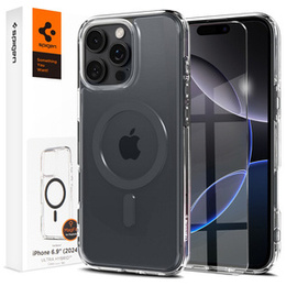 Puzdro MagSafe Spigen pre iPhone 16 Pro Max, Ultra Hybrid, priehľadné / sivé + tvrdené sklo 9H