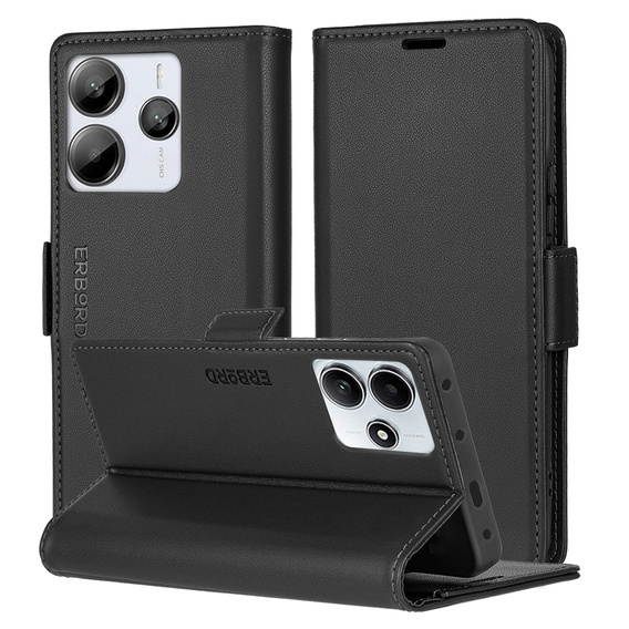 Puzdro pre Xiaomi Redmi Note 14 5G, ERBORD Glossy Litchi, flipová peňaženka, čierne