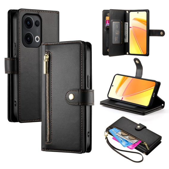 Klapkové puzdro pre Oppo Reno 13 5G, Wallet Zipper Pocket, čierne