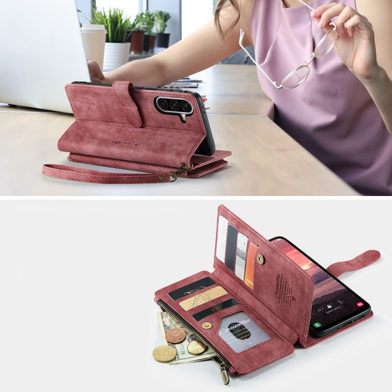 CASEME puzdro pre Samsung Galaxy A56 5G, Leather Wallet Cash and Card Slots, s remienkom, červené