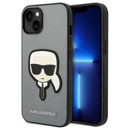 Karl Lagerfeld Obal na mobil pre iPhone 14, Saffiano Karl's Head Patch, strieborné