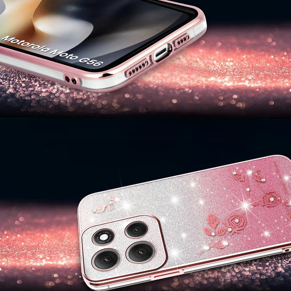 Puzdro pre Motorola Moto G56 5G, Glitter Flower, ružové rose gold