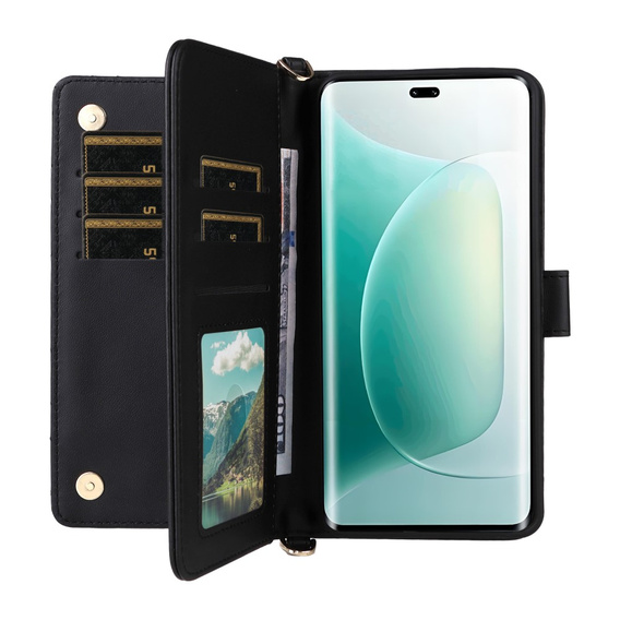 Puzdro s chlopňou pre Honor 400 5G, Crossbody Leather Wallet, čierne