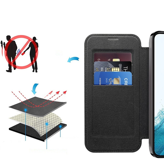 Klapkové puzdro pre Samsung Galaxy S22 5G, RFID Wallet MagSafe CamShield, čierne