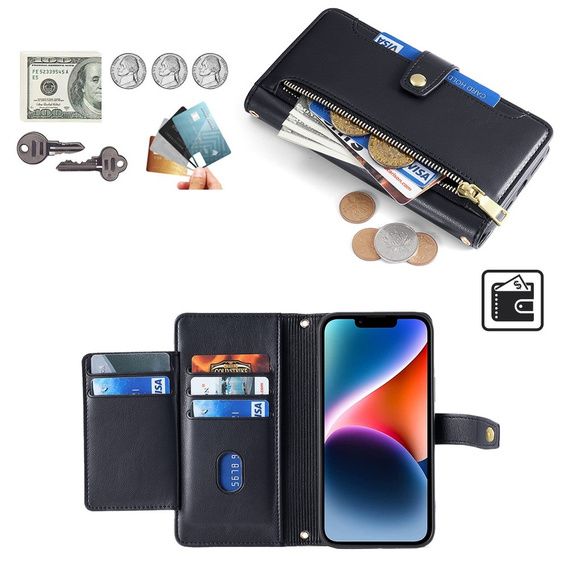 Klapkové puzdro pre iPhone 14, Wallet Zipper Pocket, čierne