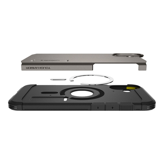Puzdro Spigen pre iPhone 16, Tough Armor Mag MagSafe, sivé + tvrdené sklo 9H