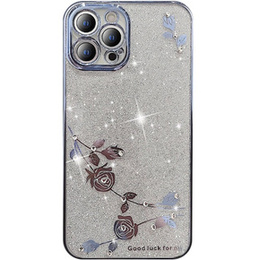 Puzdro pre iPhone 13 Pro Max, Glitter Flower, modré