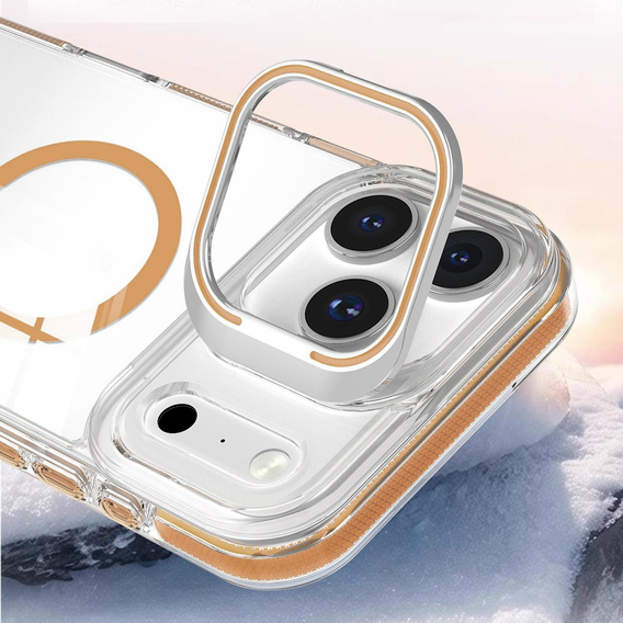 Puzdro pre iPhone 17 Pro, pre MagSafe, so stojanom, priehľadné so zlatými vložkami