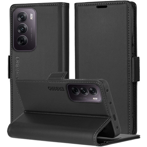 Puzdro pre Oppo Reno 12, ERBORD Glossy Litchi, flipová peňaženka, čierne