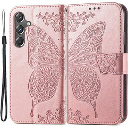 Klapkové puzdro pre Samsung Galaxy A15, Butterfly Flower, ružové rose gold + 9H sklo