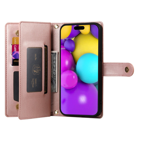 Klapkové puzdro pre iPhone 16, Wallet Zipper Pocket, ružové