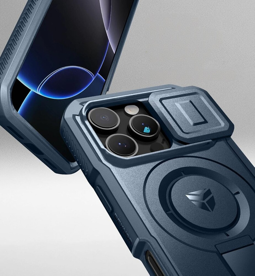Obrnené puzdro pre iPhone 16 Pro, Dexnor CamProtect MagSafe, modré (dva rámčeky)