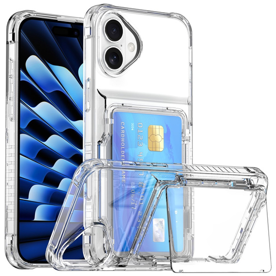 Puzdro pre iPhone 16 Plus, Card Holder Kickstand, transparentné 