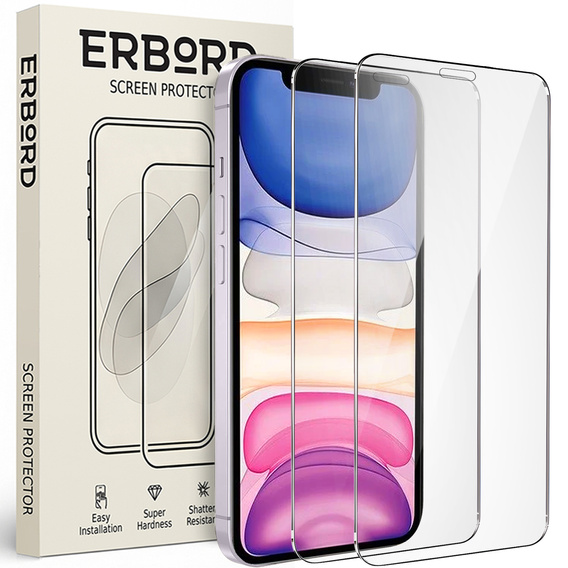 2x tvrdené sklo pre iPhone XR/11, ERBORD 9H Hard Glass na displeji