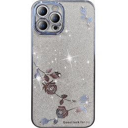 Puzdro pre iPhone 14 Pro, Glitter Flower, modré