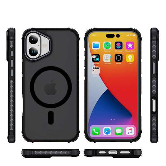 Matné puzdro pre iPhone 17, pancierované, pre MagSafe, dymové s čiernymi stranami