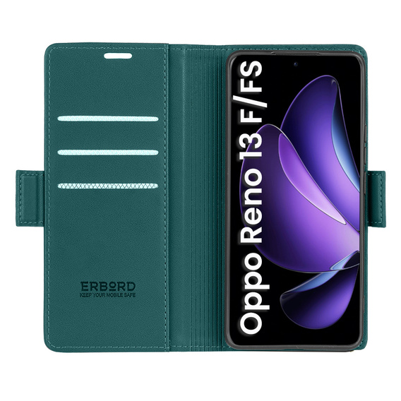 Puzdro pre Oppo Reno 13F / Oppo Reno 13FS, ERBORD Glossy Litchi, flipová peňaženka, zelený