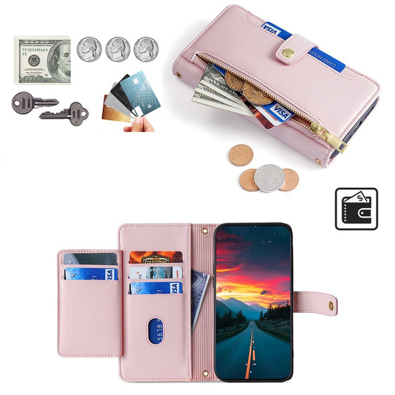 Klapkové puzdro pre Realme 14 Pro+ 5G, Wallet Zipper Pocket, ružové