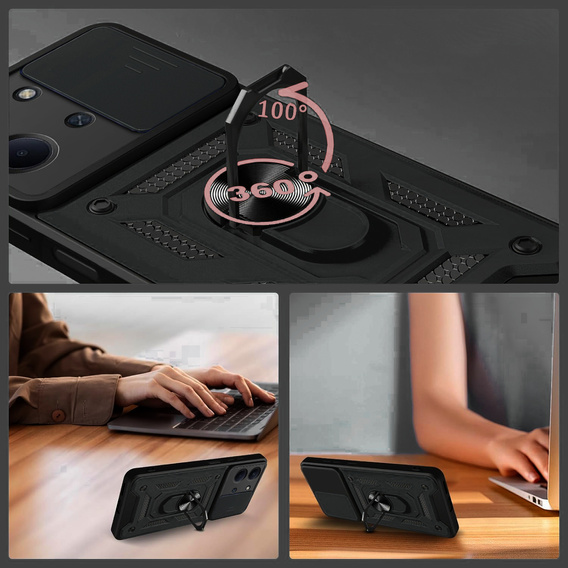 Pancierované puzdro pre Xiaomi Redmi 15C 4G/LTE, s ochranou fotoaparátu, so stojanom, čierne
