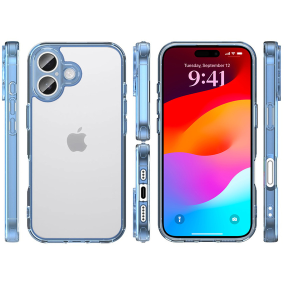 Puzdro pre iPhone 17, s krytom fotoaparátu, priehľadné s modrými stranami
