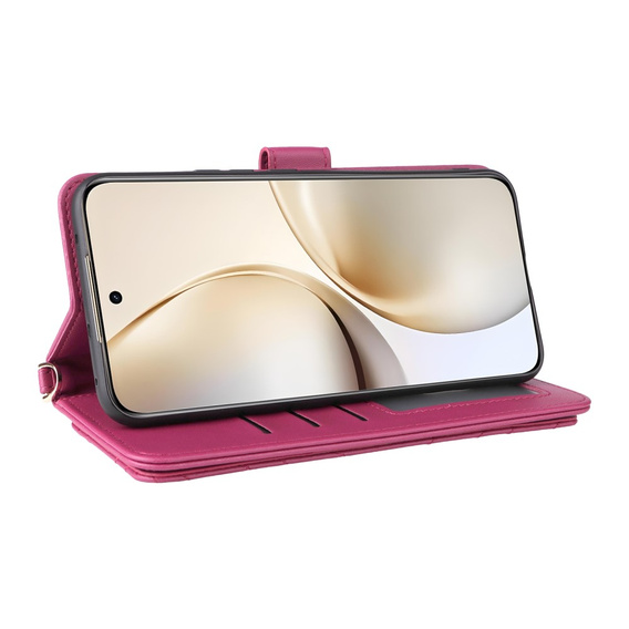 Puzdro s chlopňou pre Realme 14 Pro+ 5G, Crossbody Leather Wallet, tmavoružová