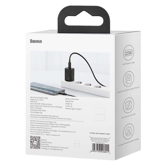 Sieťová nabíjačka Baseus Super Si PD 25 W USB-C + kábel USB-C, čierna