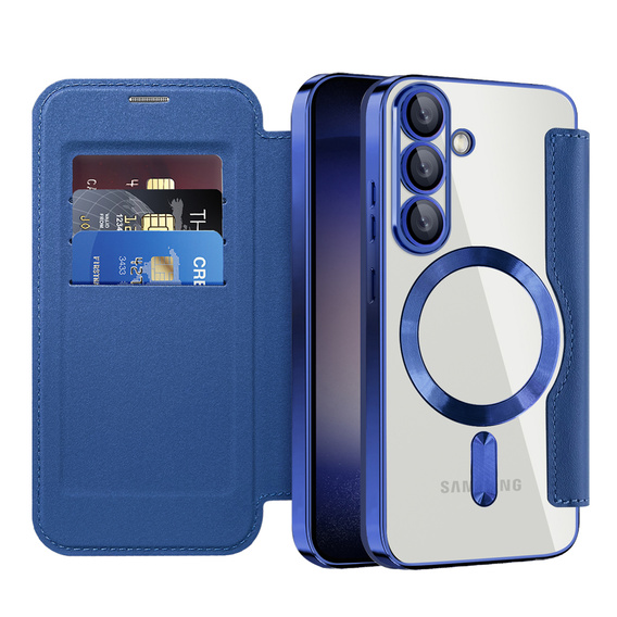 Puzdro s chlopňou pre Samsung Galaxy A17 5G, RFID peňaženka, pre MagSafe, transparentné / tmavomodré