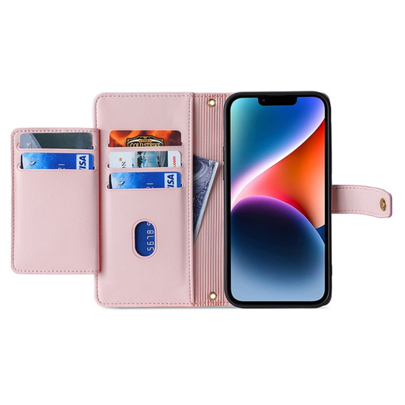 Klapkové puzdro pre iPhone 15, Wallet Zipper Pocket, ružové
