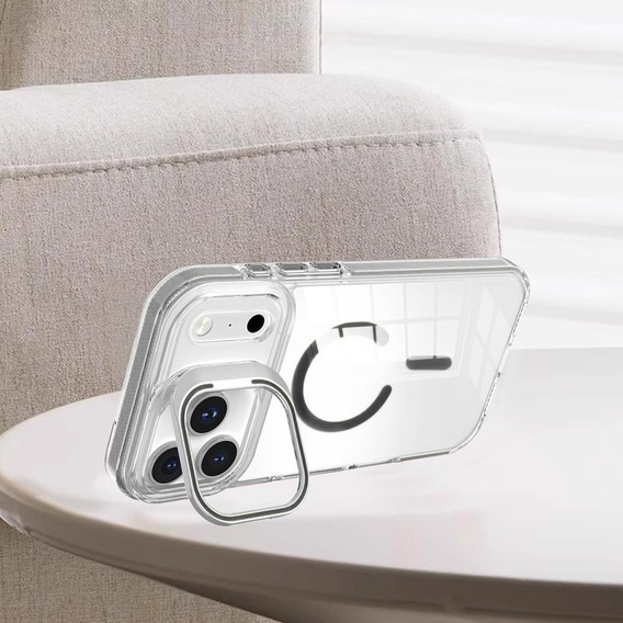 Puzdro pre iPhone 17 Pro, pre MagSafe, so stojanom, priehľadné so sivými vložkami