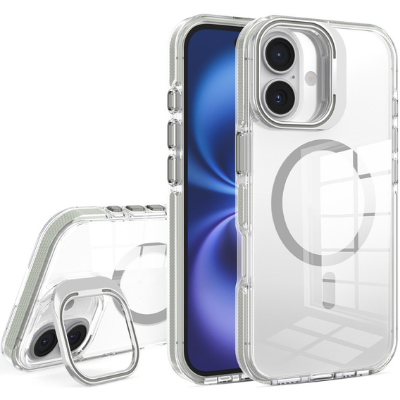 Puzdro pre iPhone 17, pre MagSafe, so stojanom, priehľadné so sivými vložkami
