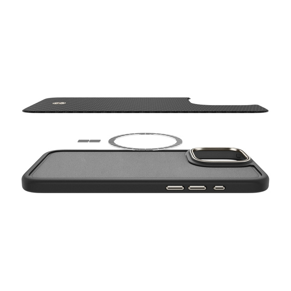 Puzdro Spigen pre iPhone 16 Pro, Enzo Aramid MagSafe, carbon čierne + tvrdené sklo 9H