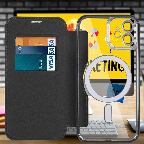 Klapkové puzdro pre iPhone 12, RFID Wallet MagSafe CamShield, čierne