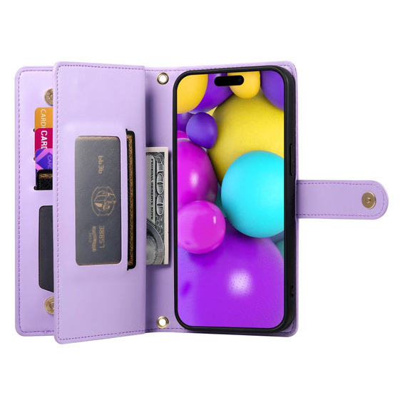 Klapkové puzdro pre iPhone 16, Wallet Zipper Pocket, fialové