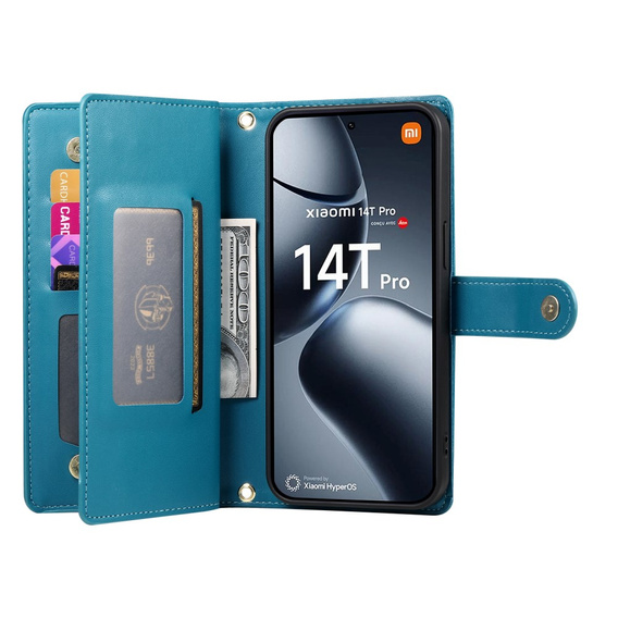 Klapkové puzdro pre Xiaomi 14T Pro, Wallet Zipper Pocket, modré