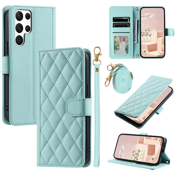 Puzdro s chlopňou pre Samsung Galaxy S25 Ultra, Rhombus Crossbody Leather, zelený