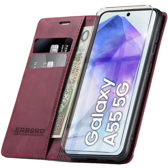 Puzdro pre Samsung Galaxy A55, ERBORD Vintage, červené + sklo na displej