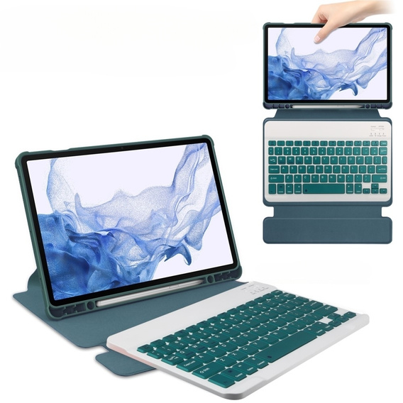 Puzdro s klávesnicou pre Samsung Galaxy Tab S9, Rotary 360° Leather, tmavozelené