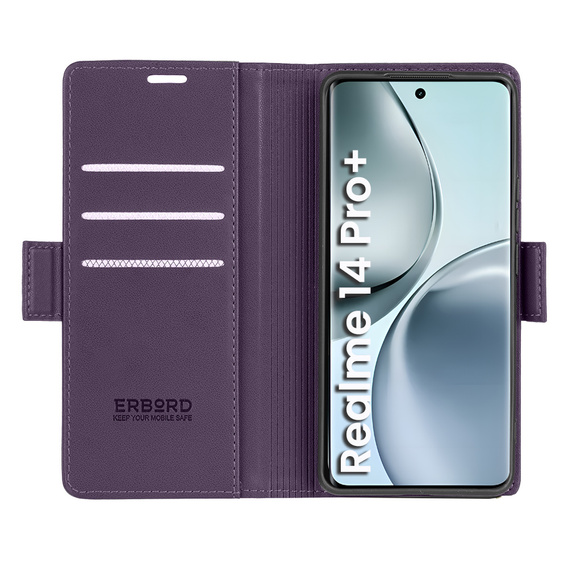 Puzdro pre Realme 14 Pro+ 5G, ERBORD Glossy Litchi, flipová peňaženka, fialové
