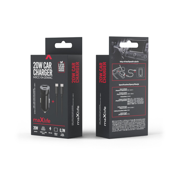 Maxlife PD/QC 20 W nabíjačka do auta s káblom USB-C – USB-C 60 W pre smartfóny, tablety, navigačné zariadenia a iné zariadenia s USB/USB-C